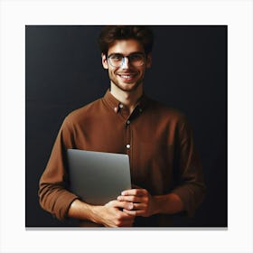 Young Businessman Holding A Laptop Canvas Print