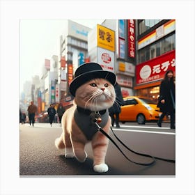 A Cat Walking On A Leash Down A Busy Street While Wearing A Top Hat And Looking Very Pleased With Itself Canvas Print