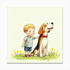 Happy Beagle And Child Enjoying A Sunny Day Together, Watercolor 1 Canvas Print