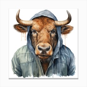 Watercolour Cartoon Wildebeest In A Hoodie 5 Canvas Print