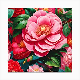 Crimson Camellia in Morning Dew Canvas Print