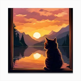 Cat Looking Out The Window At Sunset Canvas Print