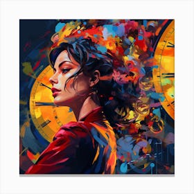 Woman In Front Of Clocks Canvas Print