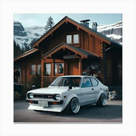 A 1981 White Toyota Corolla Gli Twin Cam With Full Body Kit In Front Of A Cabin House 7 Canvas Print