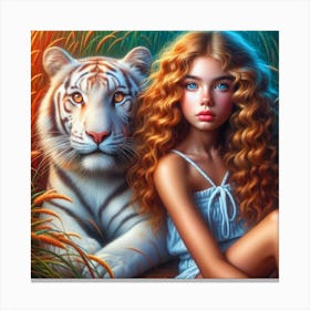 White Tiger And Girl Canvas Print