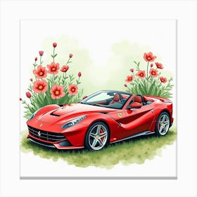 Ferrari Surrounded By Watercolor Spring Flowers And Fresh Greenery 1 Canvas Print