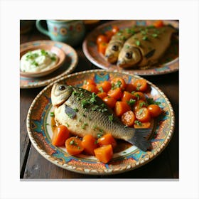 Traditional Egyptian Fish Dish Served On Colorful Plates 1 Canvas Print