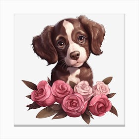 Puppy With Roses 3 Canvas Print