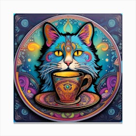 Cat With Cup Of Tea Whimsical Psychedelic Bohemian Enlightenment Print 1 Canvas Print