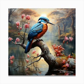 Kingfisher With Pink Tree Blossom Beside River 1 Canvas Print