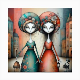 Two Women Holding Lanterns Canvas Print