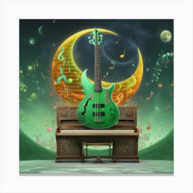 Green Guitar with Music Notes, Piano and Moon in Background Canvas Print