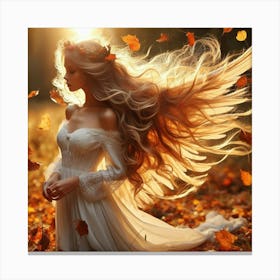 Beautiful Woman In Autumn Leaves Canvas Print