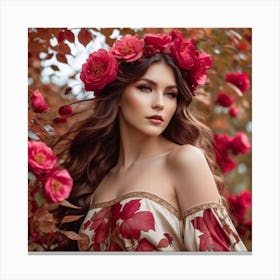 Beautiful Woman With Red Roses 1 Canvas Print