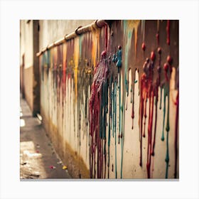 A colorful, abstract image of paint dripping down a brick wall. Canvas Print