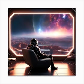 The Image Depicts A Futuristic Space Scene With A Man Sitting On A Couch In Front Of A Large Window That Offers A Breathtaking View Of The Galaxy 2 Canvas Print