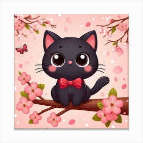 Cute Black Cat With Cherry Blossoms Canvas Print