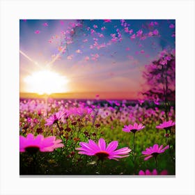 Sunset With Pink Flowers Canvas Print