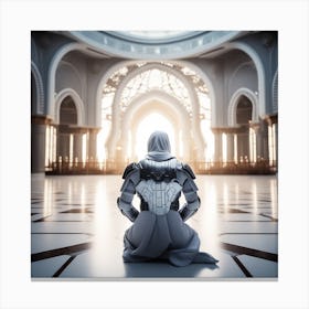 A 3d Dslr Photography Muslim Wearing Futuristic Digital Armor Suit , Praying Towards Masjid Al Haram, House Of God Award Winning Photography From The Year 8045(4) Canvas Print
