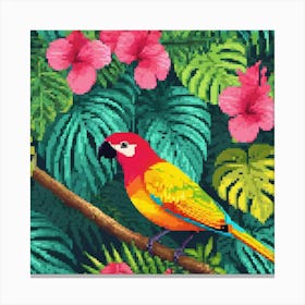 Parrot In The Jungle, Tropical, pic cell art, good flowers, nice colors, flowers, trees, digital art of nature, wall art of birds, wall art of flowers, wall art of greenery Canvas Print