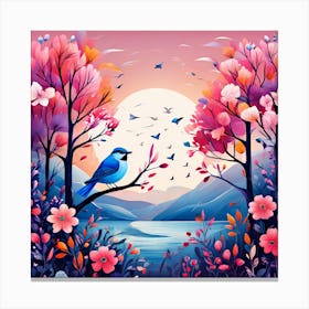 Birds In The Garden, A Bright Toned Design With Flowers And Leaves Trees And Birds A Beautiful And Simple Picture Canvas Print