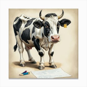 Cow With Pencil Canvas Print