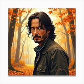 Keanu Reeves In A Watercolor Woodland Scene With Autumn Leaves In Warm Tones Canvas Print