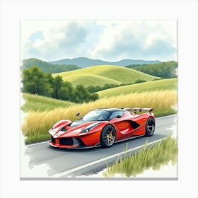 Modern Sports Car With Rolling Hills, Watercolor Painting 1 Canvas Print