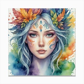 Watercolor Girl With Leaves Canvas Print