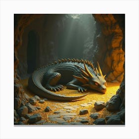 Ancient Dragon Sleeping Amidst Piles Of Gold, In A Cavernous Underground Lair 1 Canvas Print