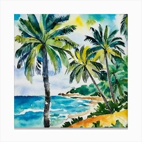 Palm Trees On The Beach Watecolor Painting Canvas Print