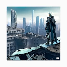 A man looking at a city in ruins in a dystopian future Canvas Print