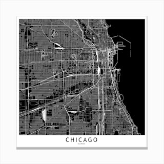 Chicago Black And White Map Square Canvas Print