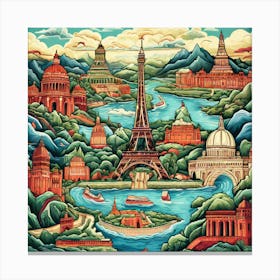 Paris, Featuring Pastel Landmarks, Travel Posters A Retro-Inspired Travel Posters Showcasing Iconic Destination Canvas Print