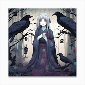 Japanese Girl With Crows Canvas Print