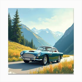 Aston Martin Db4 Gt In A Radiant Watercolor Mountain Scene 1 Canvas Print