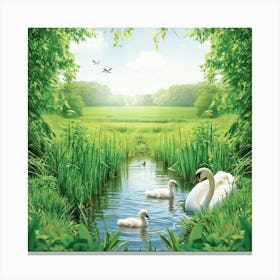 Wallpaper Capturing A Serene Summertime Countryside Two Cygnets Navigating A Vibrantly Green Stream (1) Canvas Print