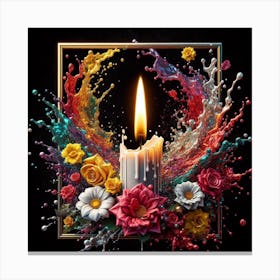 A lit candle inside a picture frame surrounded by flowers 4 Canvas Print