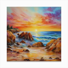 Artwork, oil colors, sea and sunset, seashore, beach rocks.San Francisco, USA.7 Canvas Print