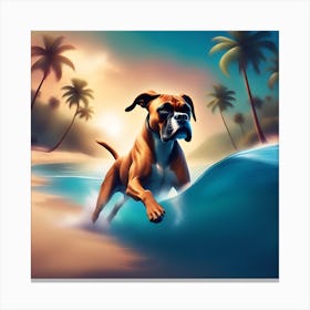 A dog boxer swimming in beach and palm trees Canvas Print