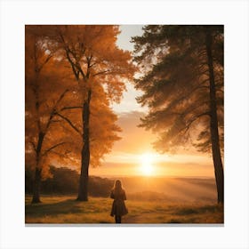 Woman Walking Through The Forest At Sunset Canvas Print