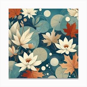 Scandinavian style, Surface of water with water lilies and maple leaves Canvas Print