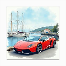 Lamborghini Gallardo Parked In A Watercolor Coastal Harbor 1 Canvas Print