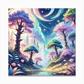 A Fantasy Forest With Twinkling Stars In Pastel Tone Square Composition 34 Canvas Print