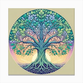 "Arboreal Aura"  This circular artwork features a stylized tree with intertwining branches and roots, forming a mesmerizing pattern that suggests a deep connection with nature. The tree's foliage transitions through a spectrum of cool blues to warm purples and oranges, reminiscent of the changing seasons or the circadian rhythm of day to night. Enclosed in a perfect circle, the design symbolizes the cycle of life and the interconnectedness of all living things.  "Arboreal Aura" is an enchanting piece that embodies the essence of life's perpetual cycle, capturing the viewer's imagination with its intricate details and harmonious color palette. It's an ideal choice for those seeking to bring a sense of natural balance and meditative calm to their environment, providing a daily reminder of the beauty of the natural world and our place within it. Canvas Print