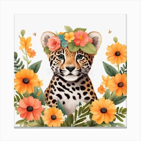 Floral Baby Jaguar Nursery Illustration (16) Canvas Print