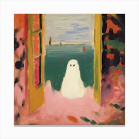 Open Window With A Ghost, Matisse Style, Spooky Halloween Square 1 Canvas Print