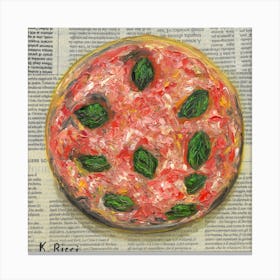 Red Pizza with Cheese and Basil Italy Kitchen Food On Newspaper Italian Oil Painting Rustic Farmhouse Decor Canvas Print
