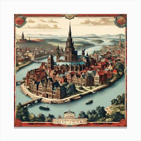 A Vintage Map, Of A Historic City With Ornate Borders And Labels art print 4 Canvas Print