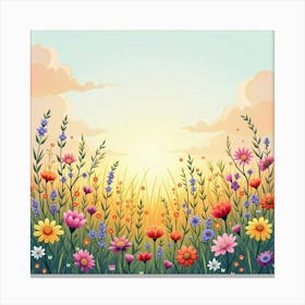 A Vibrant Watercolor Field Of Wildflowers Under A Pastel Sky Canvas Print